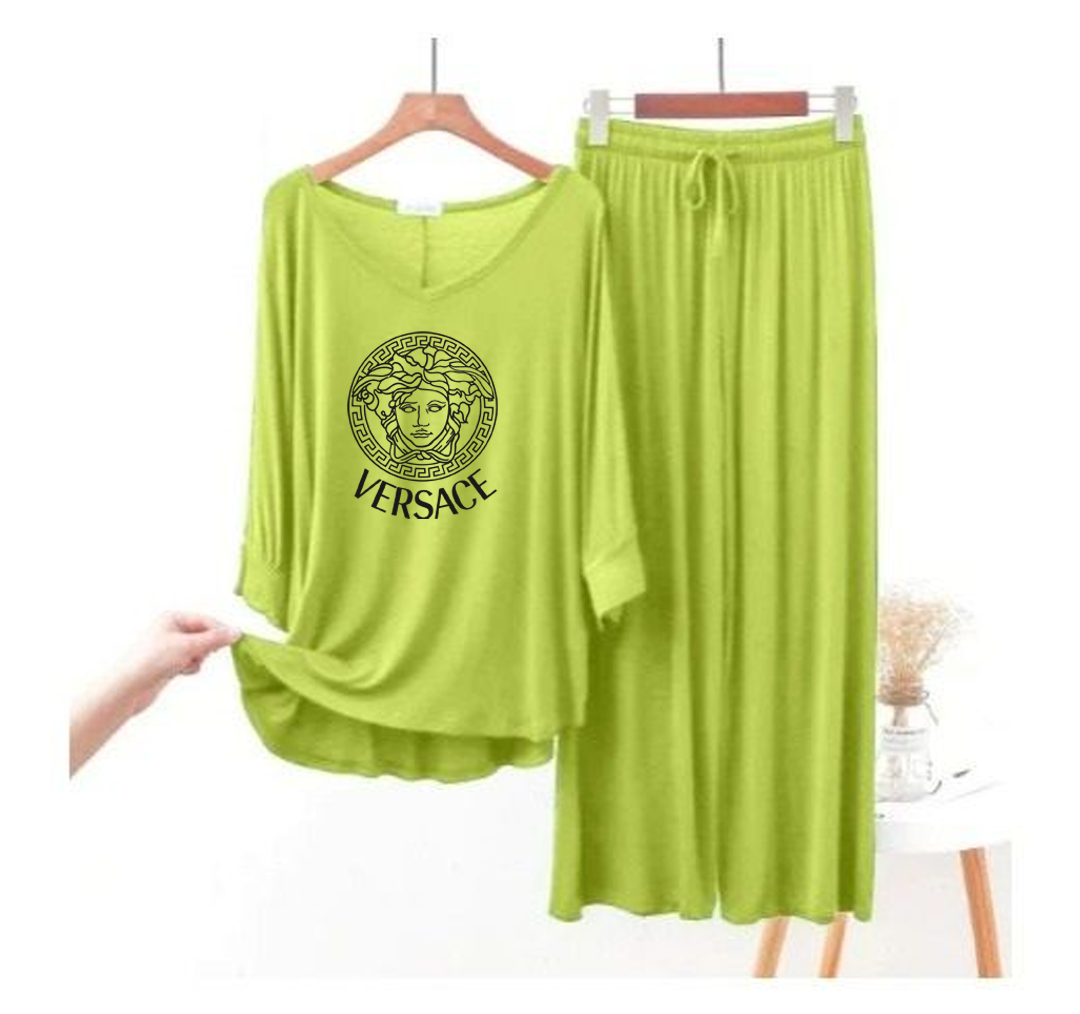 Lemon Green Vrsce V-Neck Women Night Suit PJ Set